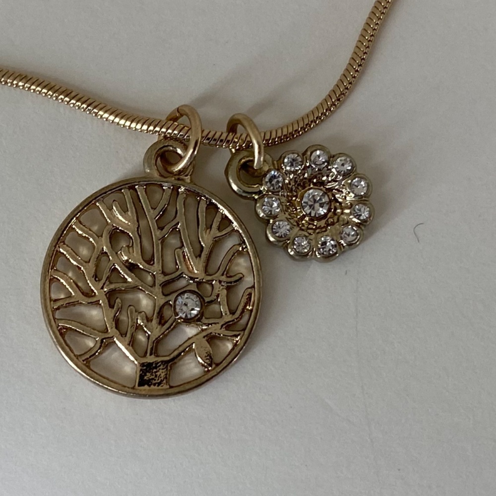 R.J. Graziano Tree of Life + Crystal Flower‎ Pendants Necklace 16-19” Gold Tone
